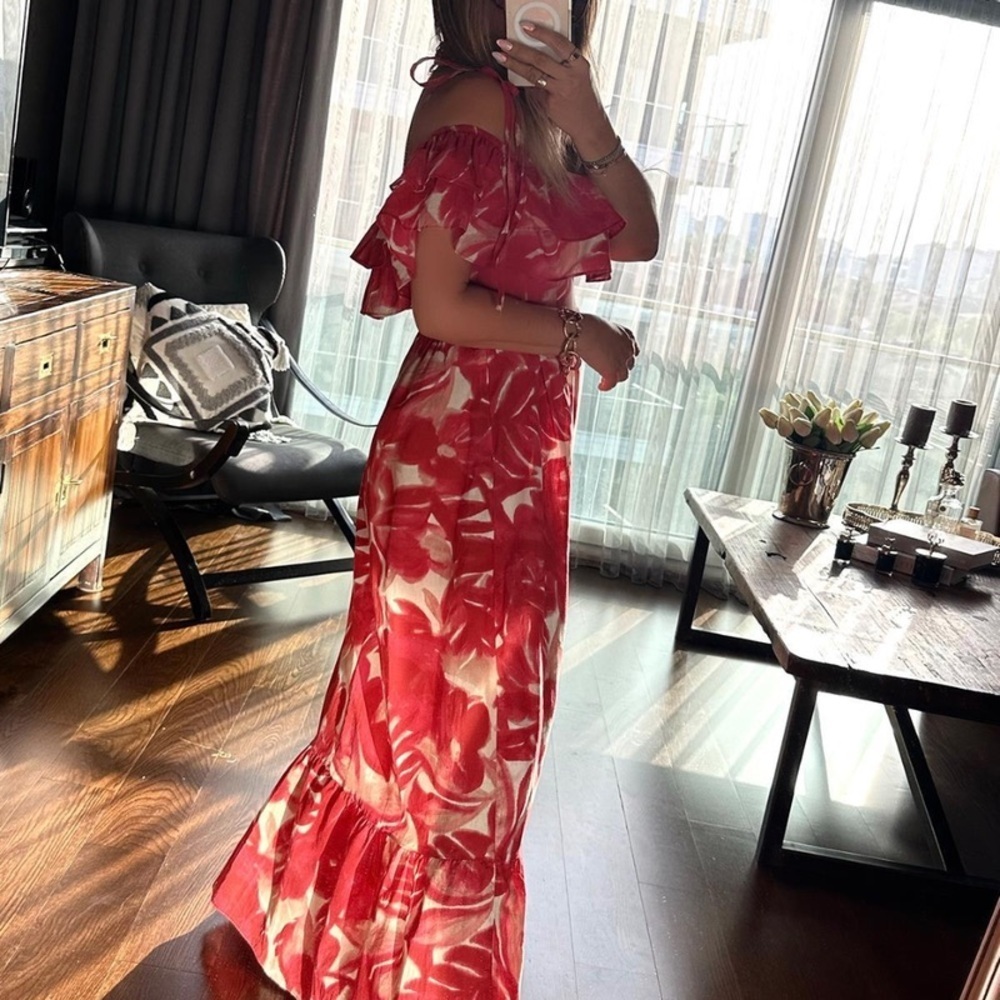 NWT Zara Blogger Fave Maxi Dress Red Ruffle Off Shoulder Summer Wedding Size XS - Picture 8 of 15